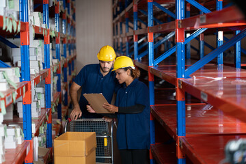 During working hours in the warehouse, there is a checking, checking, stock for quality products, safe for customers.  man and women warehouse management.