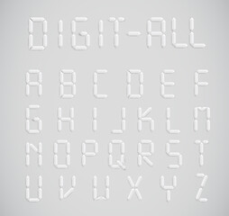 White realistic digital font set with shadows, vector illustration