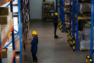 During working hours in the warehouse, there is a checking, checking, stock for quality products, safe for customers.  man and women warehouse management.