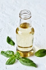 Basil  Syrup on a dark background . Soft focus. Place for text. Copy Space