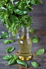 Basil  Syrup on a dark background . Soft focus. Place for text. Copy Space