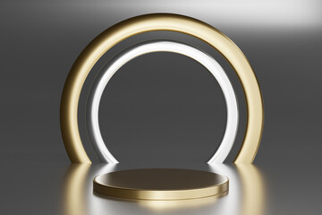Blank pedestal with round gold ring on gray background, 3d rendering mockup