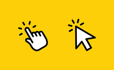 Hand and arrow clicking pointers. Click icons.