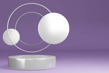 Product Stand, Pedestal, Cylinder Shape, Circle Frame, Purple background and White ring, 3D Rendering.