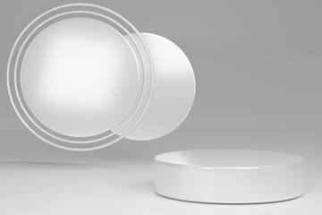 Blank pedestal with round white frame on gray background, 3d rendering mockup