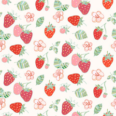 Strawberry leaves flowers pattern doodle hand drawn. Colorful graphics vector. Vector floral texture for fabric, wrapping paper, floral design.
