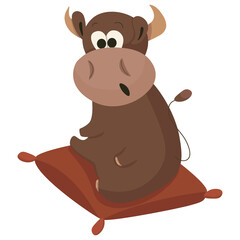 Cute bull is sitting. Funny character. Symbol of 2021.Childish t shirt print design. Hand drawn illustration.