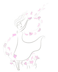 Woman directs the wind. Petals around a woman.