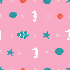 Naklejka na ściany i meble Seamless vector repeat pink red and green ocean animals pattern. This pattern has starfish, turtles, whales, clownfish, whales, and a turtle.