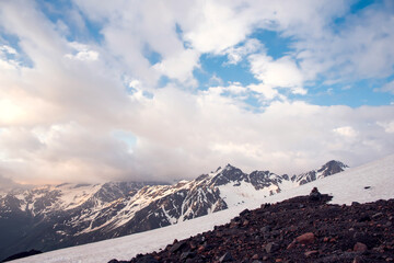 Panoramic view of glacier mountains of Elbrus region, Russia