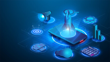 Innovation, business project  Start up launching product with rocket concept. Landing page template. Isometric  gear, light bulb, graph, speaker, phone on blue background. Easy to edit and customize