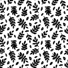 Leaves and branches vector seamless pattern. Black brush leaves and twigs. Olive branch modern ornament. Black ink texture with foliage. Hand drawn eucalyptus, laurel twig. Abstract plant motif