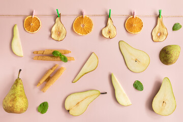 Dried fruits chips. Pastilles, fruit rolls. Dietary nutrition.