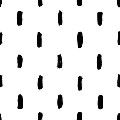 Vertical brush strokes vector seamless pattern. Black paint scribbles, dash lines, dry brushstroke texture. Regular rough smears. Black and white monochrome texture. Hand drawn grunge ink shapes.