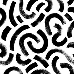 Black paint circular brush strokes vector seamless pattern. Hand drawn curved and wavy grunge lines. Chaotic ink brush scribbles decorative texture. Messy doodles, bold curvy lines illustration. 