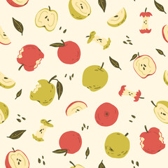 Apple fruit seamless pattern in flat style on yellow background. Texture for - fabric, wrapping, textile, wallpaper, apparel. 