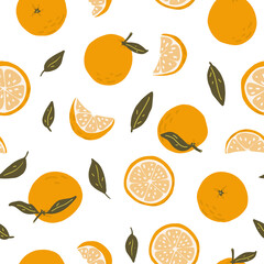 Orange fruit seamless pattern in flat style on white background. Texture for - fabric, wrapping, textile, wallpaper, apparel. 