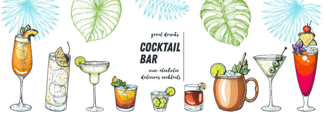 Alcoholic cocktails hand drawn vector illustration. Cocktails and palm leaves set. Menu design elements. Summer bar menu.