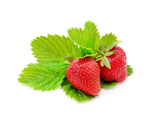 Ripe strawberries with leaves.