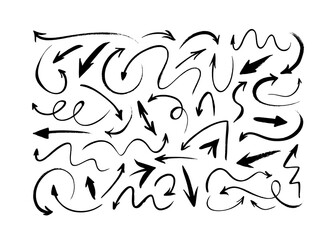 Black hand drawn arrows vector set. Grunge sketch arrows pointing in different directions. Hand drawn doodle elements isolated on white background. Pencil sketch symbols. Arrow icons, clip arts.