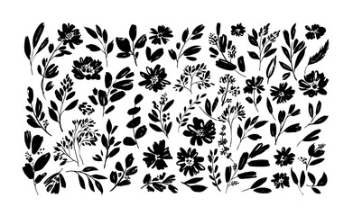 Spring flowers hand drawn vector set. Black brush flower silhouettes. Ink drawing wild plants, herbs or flowers, monochrome botanical illustration. Anemones, peonies, chrysanthemums isolated cliparts.