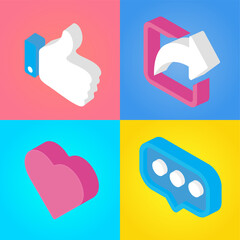 Isometric social media icons pack - Like Share Favorites Comment, 3D fresh colorful icons 