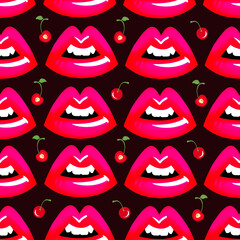 lips and cherries seamless pattern