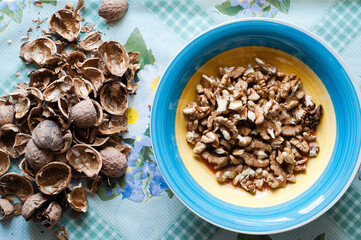 bright color plate with walnuts. Eco food. The shell of walnuts, clean of nuts