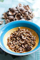 bright color plate with walnuts. Eco food. The shell of walnuts, clean of nuts