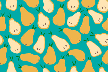Pears seamless pattern on a green background. Vector illustration