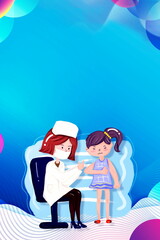 Female doctor pushing vaccine to kid, illustration. Copy space for text. 