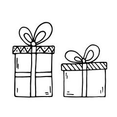 Hand drawn doodle birthday boxes with ribbon. Cartoon vector illustration isolated on white background. Winter Holiday, Christmas gift. Design elements for gift package, card, paper, invitational.