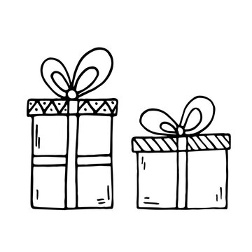 Hand drawn doodle birthday boxes with ribbon. Cartoon vector illustration isolated on white background. Winter Holiday, Christmas gift. Design elements for gift package, card, paper, invitational.