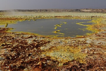 Salt ponds, bubbling chimneys and salt terraces form the bottom of the volcanic crater Dallol, Ethiopia: The Hottest Place on Earth,Danakil Depression.North Ethiopia,Africa