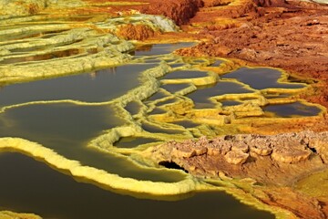 Salt ponds, bubbling chimneys and salt terraces form the bottom of the volcanic crater Dallol, Ethiopia: The Hottest Place on Earth,Danakil Depression.North Ethiopia,Africa