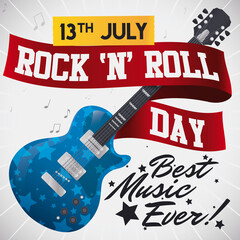 Electric Guitar and Ribbons for International Rock 'N' Roll Day Celebration, Vector Illustration