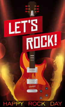 Fiery Stage with Guitar Ready for Rock Concert during its Day, Vector Illustration