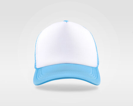 White , blue baseball cap isolated on white background.