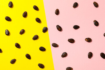 Watermelon seeds on two tone background, top view