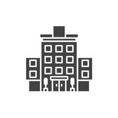 Hotel black glyph icon. Building: apartment, motel, hostel sign. Real estate. Pictogram for web page, mobile app, promo. UI UX GUI design element.