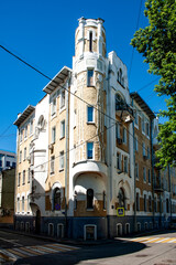 Fototapeta premium This amazing house is located on the corner of two old Moscow lanes. The architect found romantic forms, ornaments and finish of this house in the medieval construction of Northern Europe. 