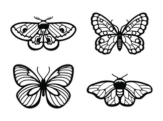 Obraz na płótnie Canvas Laser cut template. Collection of black butterflies isolated. Silhouettes flying insects. Set of icons. Wood carving template for wedding invitation, greeting card. Stencil. Stamp. Vector insect.