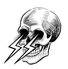 Human skull and electric bolts. Ink black and white drawing