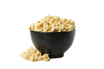 Bowl with tasty popcorn isolated on white background