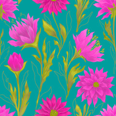 Fototapeta na wymiar Beautifull seamless pattern with violet dahlia on a turquoise background. Botanical illustration. Fabric, textile design.