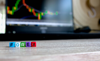 Forex wording on the wooden table with the background of blurred computer with chart
