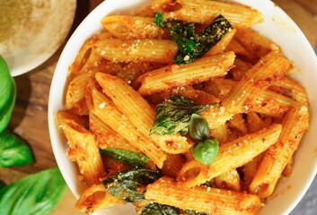 Penne Pasta in marinara sauce, selective focus