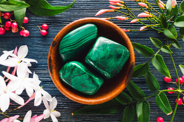 Teak Bowl of Malachite