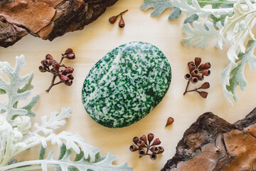 Moss Agate Palm Stone with Dusty Miller and Natural Elements