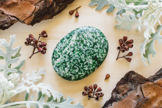Moss Agate Palm Stone with Dusty Miller and Natural Elements